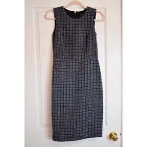Blue and white tweed sheath dress.